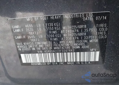 2015 Subaru Outback 2.5I Limited z USA, uszkodzony, nr VIN 4S4BSALC2F3207443